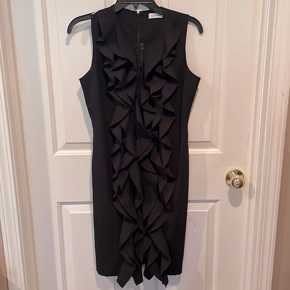 Calvin Klein Dresses & Skirts - Calvin Klein sz 4 Sleeveless V Neck Ruffle Front Black sheath Dress GUC B71